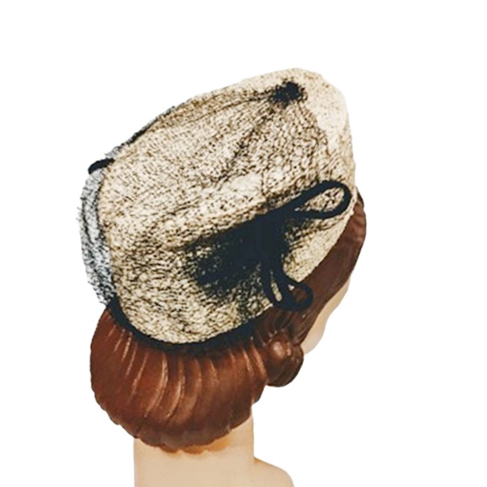 1940s True Vintage Small Off White Pillbox Style Hat With Black Veil And Bows - Picture 5 of 7